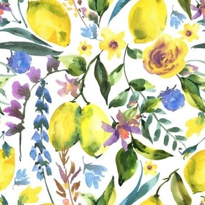 Summer wildflowers, watercolor yellow lemons