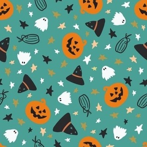 Halloween fun, pumpkins, ghosts, stars teal 8x8