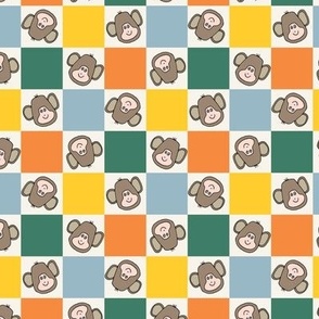 469 - Cheerful Checks - Monkeys i _ . i n the jungle - multi directional large scale suitable for bed linen, kids bedroom decor, kids placemats. birthday tablecloth, jungle theme party,