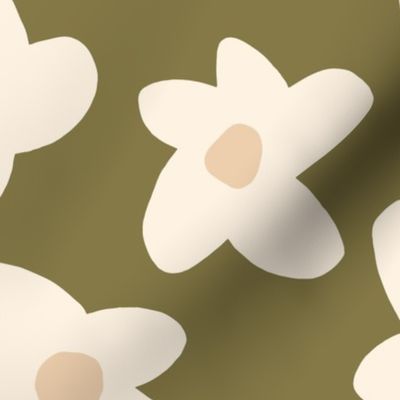 medium // Graphic retro Flowers Boho Cream on Moss Green