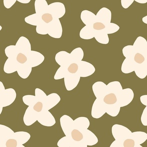 medium // Graphic retro Flowers Boho Cream on Moss Green