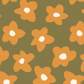 medium // Graphic retro Flowers Butterscotch yellow on Moss Green-32