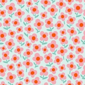 Daisy Fields - pink and red - aqua ground