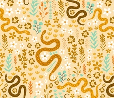 floral garden and snakes in peach yellow