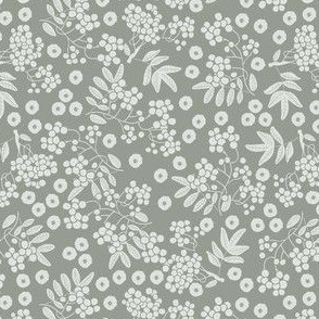 (S) two-color design - white rowan berries with leaves and flowers on ash grey