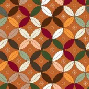 Christmas leaves in geometric circles - saffron yellow, caramel taupe, mahogany brown, green red on burnt orange background