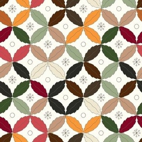 Christmas leaves in geometric circles - saffron yellow, red, green, pink, caramel taupe, mahogany brown on white background