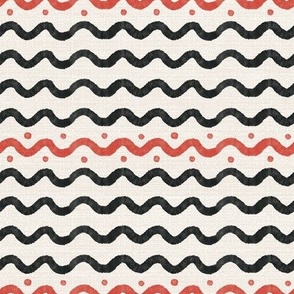 Organic Linen Waves in Ink black and red with little dots 