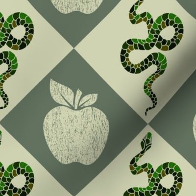 snakes and apples on green lozenges