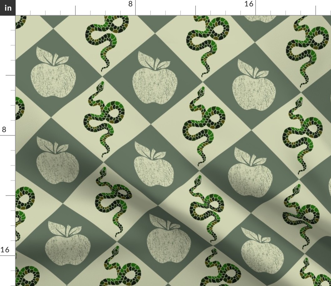 snakes and apples on green lozenges