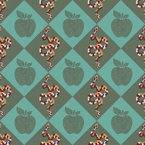 snakes and apples on greenish gray and turquoise lozenges