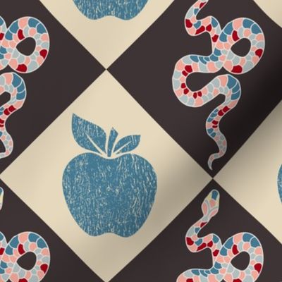snakes and apples on brown and sand lozenges
