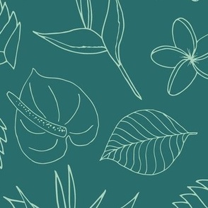 Tropical Floral Line Art - Forest Green