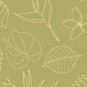 Tropical Floral Line Art - Olive Green