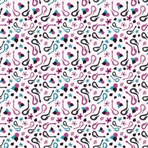 Hissterical Snakes, 6 inch, Medium Scale, Light Pink Background, Pink, Fuchsia, Black, Turquoise
