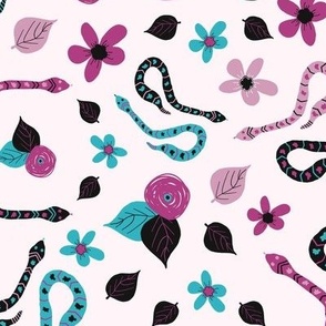 Hissterical Snakes, 12 inch, Large Scale, Light Pink Background, Pink, Fuchsia, Black, Turquoise