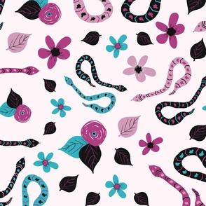 Hissterical Snakes, 24 inch, X-Large Scale, Light Pink Background, Pink, Fuchsia, Black, Turquoise