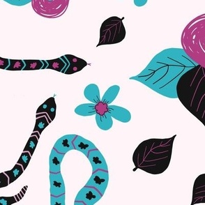 Hissterical Snakes, 24 inch, X-Large Scale, Light Pink Background, Pink, Fuchsia, Black, Turquoise