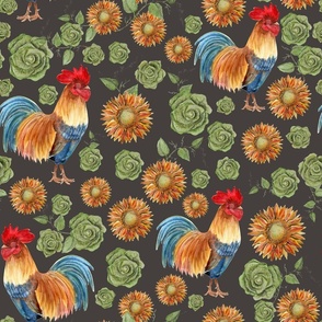 Red Rooster and sunflowers