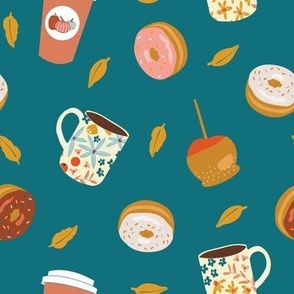 Fall donuts, coffee, treats and goodies on teal