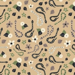 Hissterical Snakes, 6 inch, Medium Scale, Tan Background, Sage Green, Mauve Brown, Black, Cream
