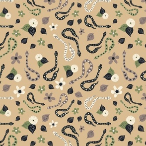 Hissterical Snakes, 12 inch, Large Scale, Tan Background, Sage Green, Mauve Brown, Black, Cream