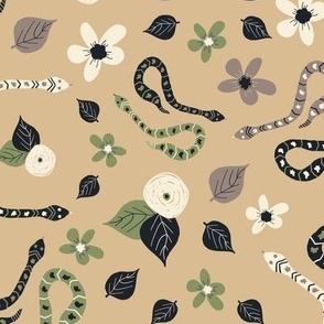 Hissterical Snakes, 12 inch, Large Scale, Tan Background, Sage Green, Mauve Brown, Black, Cream