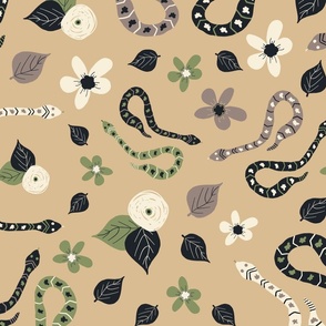 Hissterical Snakes, 24 inch, X-Large Scale, Tan Background, Sage Green, Mauve Brown, Black, Cream