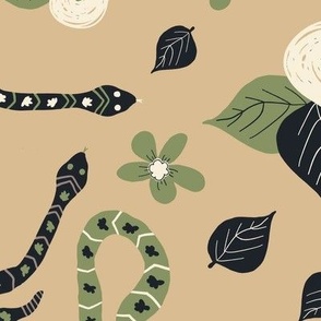 Hissterical Snakes, 24 inch, X-Large Scale, Tan Background, Sage Green, Mauve Brown, Black, Cream