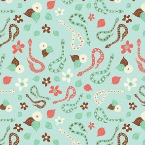 Hissterical Snakes, 6 inch, Medium Scale, Light Mint Green Background, Rust, Mint Green, Coral, Cream