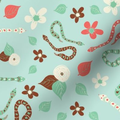 Hissterical Snakes, 12 inch, Large Scale, Light Mint Green Background, Rust, Mint Green, Coral, Cream