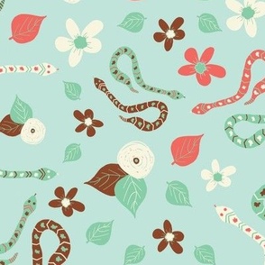 Hissterical Snakes, 12 inch, Large Scale, Light Mint Green Background, Rust, Mint Green, Coral, Cream
