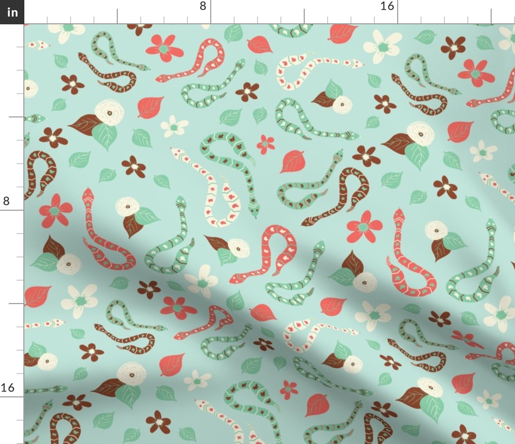 Hissterical Snakes, 12 inch, Large Scale, Light Mint Green Background, Rust, Mint Green, Coral, Cream