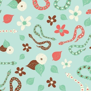 Hissterical Snakes, 24 inch, X-Large Scale, Light Mint Green Background, Rust, Mint Green, Coral, Cream