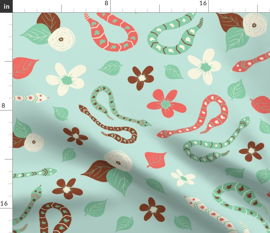 Hissterical Snakes, 24 inch, X-Large Scale, Light Mint Green Background, Rust, Mint Green, Coral, Cream