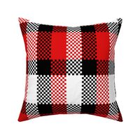 Stretched Checkerboard Asymmetric Plaid in Black White and Red