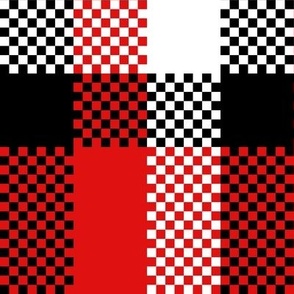 Stretched Checkerboard Asymmetric Plaid in Black White and Red