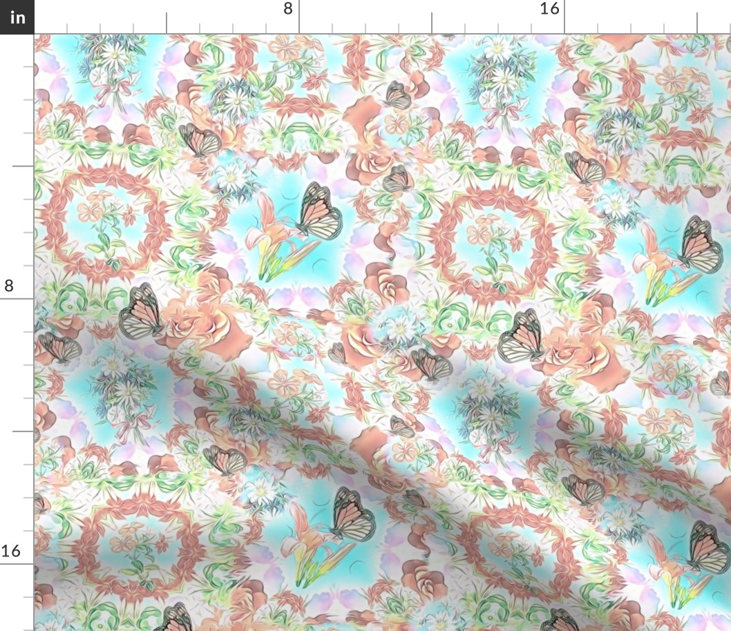 peach roses and butterflies fabric pattern soft romantic