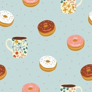 Floral Coffee Mugs & Donuts on light blue