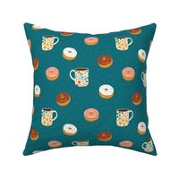 Floral Coffee Mugs & Donuts on teal