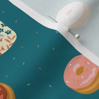 Floral Coffee Mugs & Donuts on teal