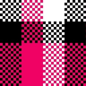 Stretched Asymmetric Checkerboard in Black White and Hot Pink