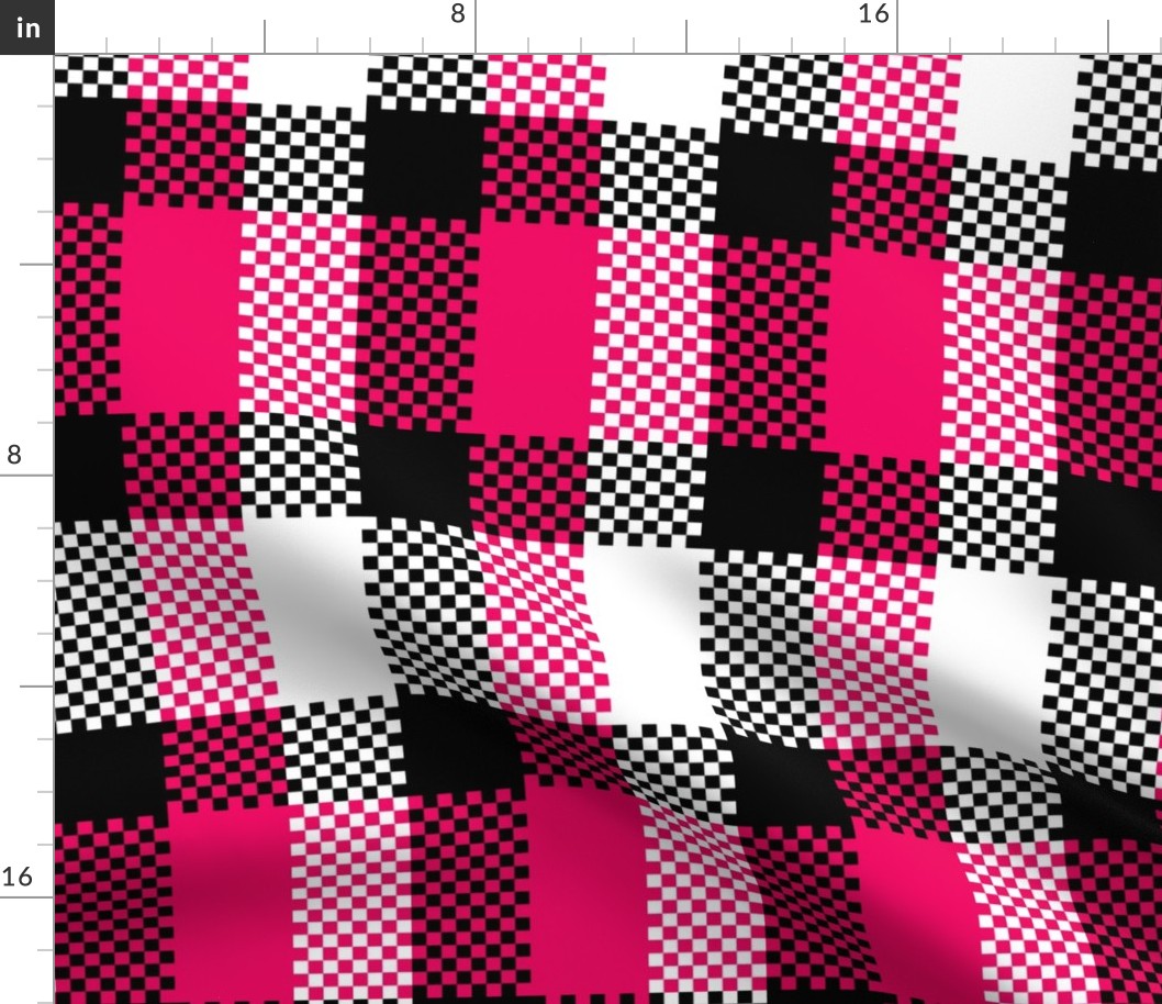 Stretched Asymmetric Checkerboard in Black White and Hot Pink