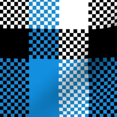 Stretched Asymmetric Checkerboard in Black White and Sky Blue