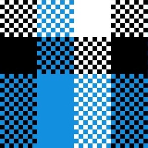 Stretched Asymmetric Checkerboard in Black White and Sky Blue
