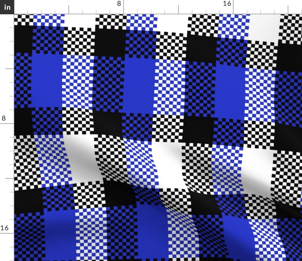 Stretched Asymmetric Checkerboard in Black White and Royal Blue