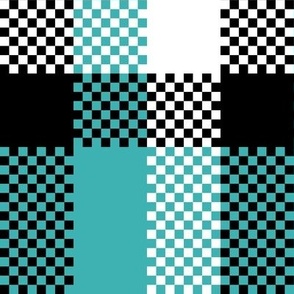 Stretched Asymmetric Checkerboard in Black White and Turquoise Blue Green