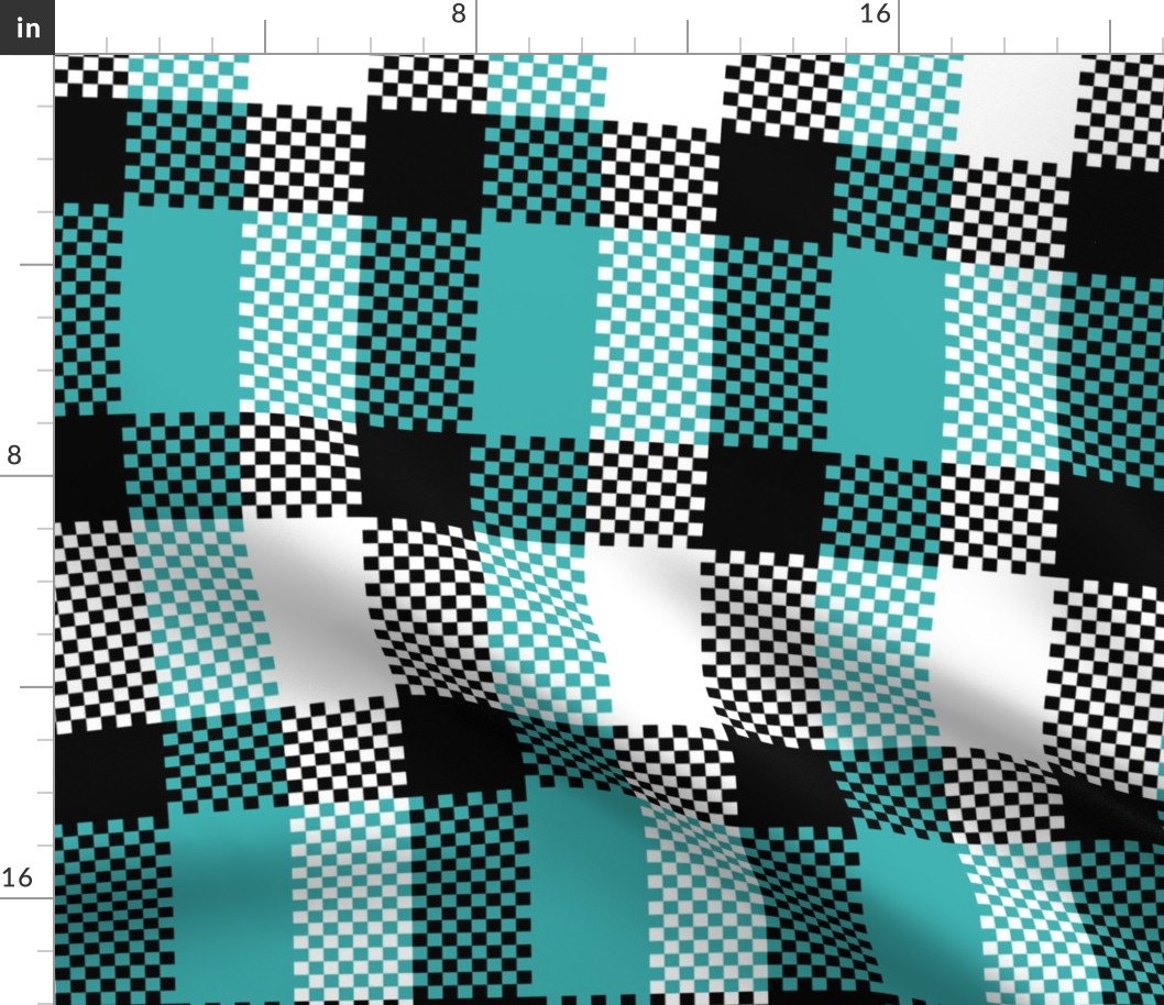 Stretched Asymmetric Checkerboard in Black White and Turquoise Blue Green