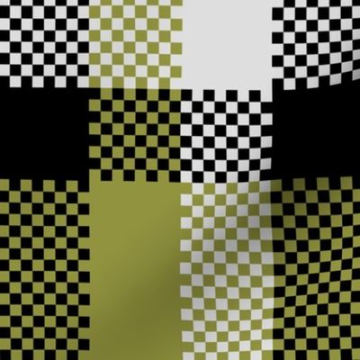 Stretched Asymmetric Checkerboard in Black White and Moss Green