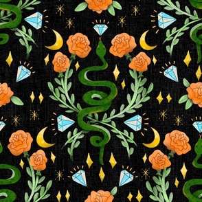 Magical Snakes and Roses (Medium on Black)